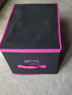 Black and Pink Fabric Storage Box with Attached Lid